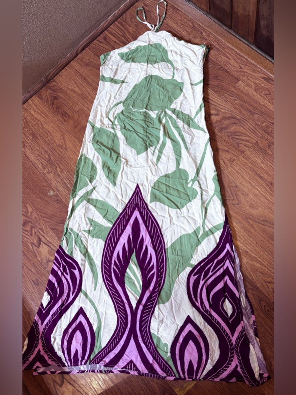 Beautiful Floral Maxi Halter Dress with Bold Purple & Green Exotic Print